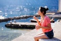 Girl blow bubbles on beach Royalty Free Stock Photo