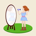 Girl with blow dryer and mirror.