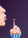 Girl blowing candle. Woman or kid blow on birthday cake and makes wish, realistic lips blows candles in sweet cupcake