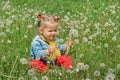 Girl blowing dandelion outdoors in spring field Royalty Free Stock Photo