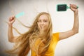 Girl blowing hair with comb brush Royalty Free Stock Photo