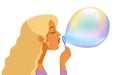 Girl blowing soap bubbles, colorful cartoon illustration. Profile portrait of a young attractive woman with big bubble. Royalty Free Stock Photo
