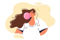 Girl blows chewing gum bubble enjoying fruity pink cud due to laziness and lack of urgent matters
