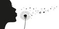 Girl blows dandelion with heart silhouette