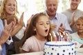 Girl Blows Out Birthday Cake Candles At Family Party Royalty Free Stock Photo