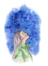 a girl on a blue background looks up watercolor