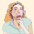 Girl eating ice cream . Colored illustration