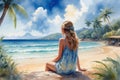 Watercolor painting of a girl in a blue dress on the beach.