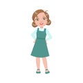 Girl In Blue Dress Happy Schoolkid In School Uniform Standing And Smiling Cartoon Character