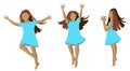 Joyful and happy girl in a blue dress bounces Royalty Free Stock Photo