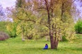 A girl in a blue dress reading a book in a spring Park. A woman in a straw hat sitting on the grass spring forest Royalty Free Stock Photo