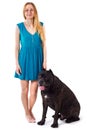 Girl in blue dress standing next to a large dog Cane Corso