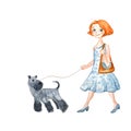 A girl in blue dress walks with a dog. Watercolor illustration in cartoon style