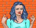 Girl with blue hair disgusted face and arms up
