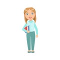 Girl In Blue Pants And Vest Happy Schoolkid In School Uniform Standing And Smiling Cartoon Character