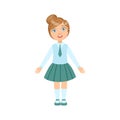 Girl In Blue Skirt And Tie Happy Schoolkid In School Uniform Standing And Smiling Cartoon Character