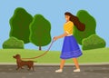 Girl in blue skirt is walking brown dog in nature. Summer park, forest, green area. Flat image