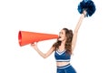 Girl in blue uniform with pompom using orange loudspeaker isolated on white