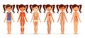 Girl body anatomy cartoon illustration of female muscular, skeletal, circulatory or nervous and digestive system