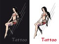 a full-length girl with a grunge tattoo on her leg. color stylish illustration of a woman.