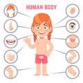 Girl body parts. Human child with eye, nose and chest, head. Knee, legs and arms, ear cartoon preschool education vector