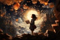 A girl with a book opens up to an unusual fantasy world with castles against the background of mountains at night under the light