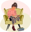 a girl with a book is sitting in a chair