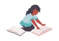 Girl with books. Cartoon teenager reading. Young person sitting on floor. Education and getting knowledge, leisure