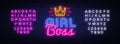 Girl Boss neon text vector design template. Girl Boss neon logo, light banner design element colorful modern design