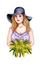 Girl with a bouquet of mimosa watercolor Royalty Free Stock Photo