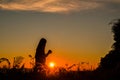 The girl bowed and prayed at sunset in the mountains