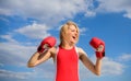 Girl boxing gloves symbol struggle for female rights and liberties. Feminism promotion. Fight for female rights. Girls Royalty Free Stock Photo