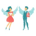 Girl and boy angel character holds the heart and gift. Flat style illustration. Valentine`s day greeting card. Couple Royalty Free Stock Photo