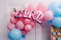 It is a girl or boy. Baby Shower party decor. Delicious reception. Celebration concept. Trendy candy bar. Table with sweets, Royalty Free Stock Photo