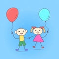 Girl and boy with balloons. Hand drawing. Royalty Free Stock Photo