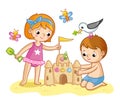 Girl and a boy are building a castle from the sand. Royalty Free Stock Photo