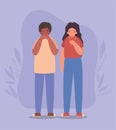 Girl and boy cartoons avatars with dry cough and shortness of breath vector design