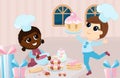 A girl and a boy in chef\'s hats prepare sweets before the holiday in the room or in the kitchen. Royalty Free Stock Photo