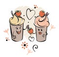 Chocolade ice cream character and strawberry, heart. The boy gives the berry to the girl.. Black white pink hand made Royalty Free Stock Photo