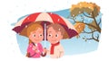 Girl and boy couple under umbrella smiling at each other Royalty Free Stock Photo