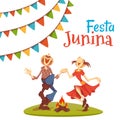 Girl and boy dancing at Brazil june party. Vector illustration