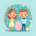 a girl and a boy with Easter eggs, illustration on a blue background. Royalty Free Stock Photo