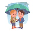 Girl, boy friends standing under umbrella in rain Royalty Free Stock Photo