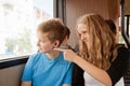 Girl and boy go in the bus Royalty Free Stock Photo