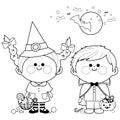 Trick or treat children in Halloween costumes and candy. Vector black and white coloring page. Royalty Free Stock Photo