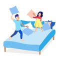 Girl and Boy Having Fun Fight with Pillows Cartoon