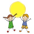 Girl and boy holding circle yellow banner, eps.