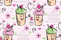 Girl and boy ice cream character and cherry, pink stripes, hearts. The boy gives the cherry to the girl. Seamless black