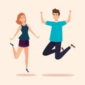 girl and boy jumping with casual clothes