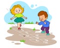 Girl and boy are jumping while playing hopscotch. Vector illustration in cartoon stylle Royalty Free Stock Photo